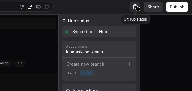 Bolt.new GitHub status panel showing the repo is synced and the active branch
