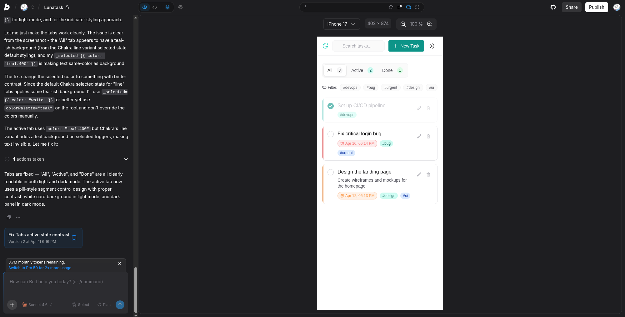 The Bolt.new editor with a live preview panel on the right and an AI chat sidebar on the left