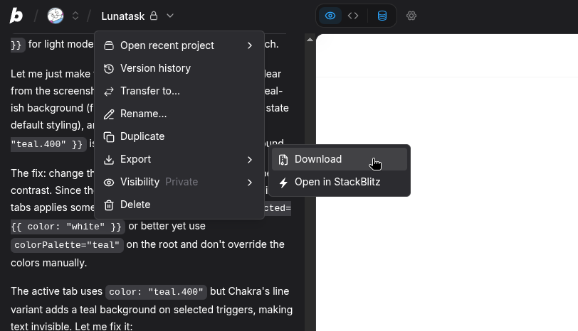 Bolt.new Export → Download menu