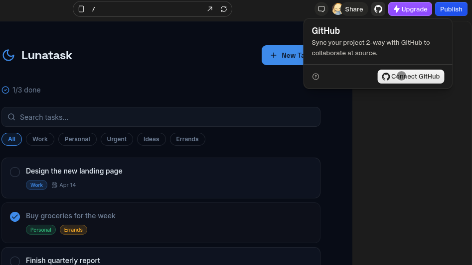 Lovable GitHub panel showing the Connect GitHub button
