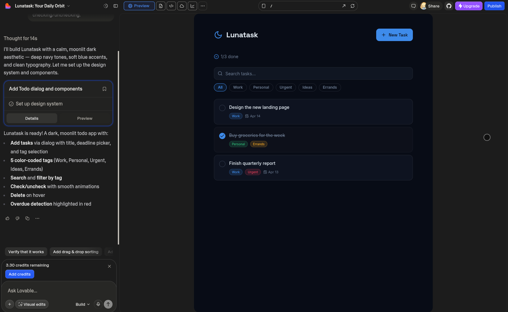 The Lovable editor with an AI chat panel on the left and a live app preview on the right