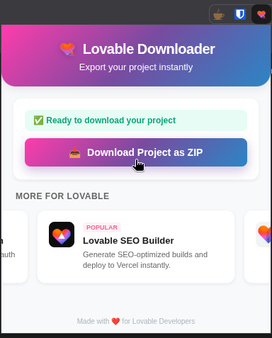 Lovable Downloader extension popup showing a Download Project as ZIP button