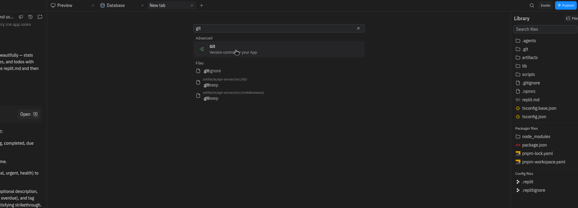 Replit new tab search showing the Git tool result