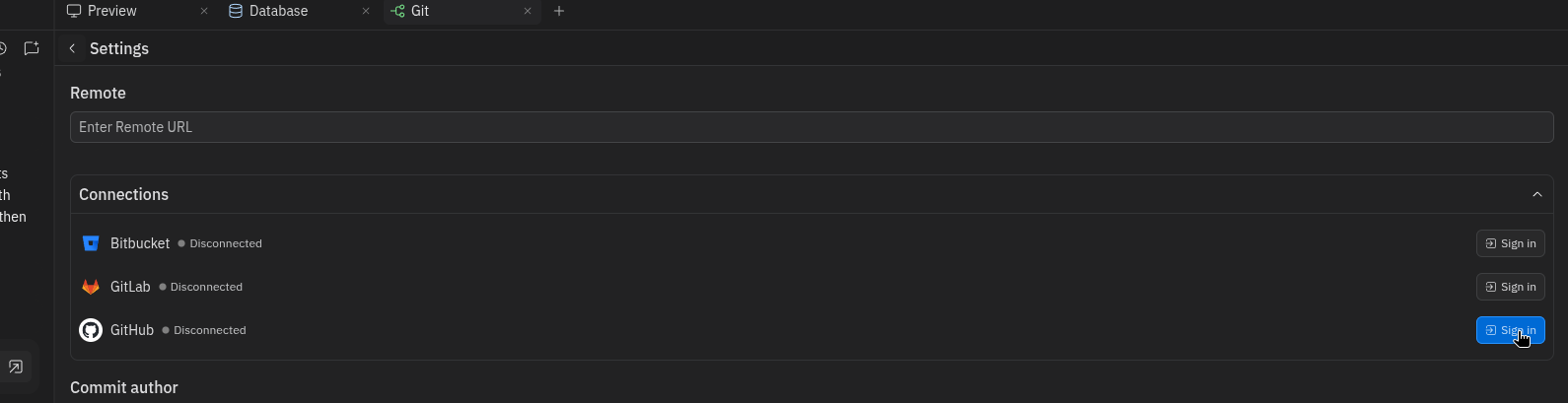 Replit Git settings panel showing Remote URL field and Connections for Bitbucket, GitLab, and GitHub